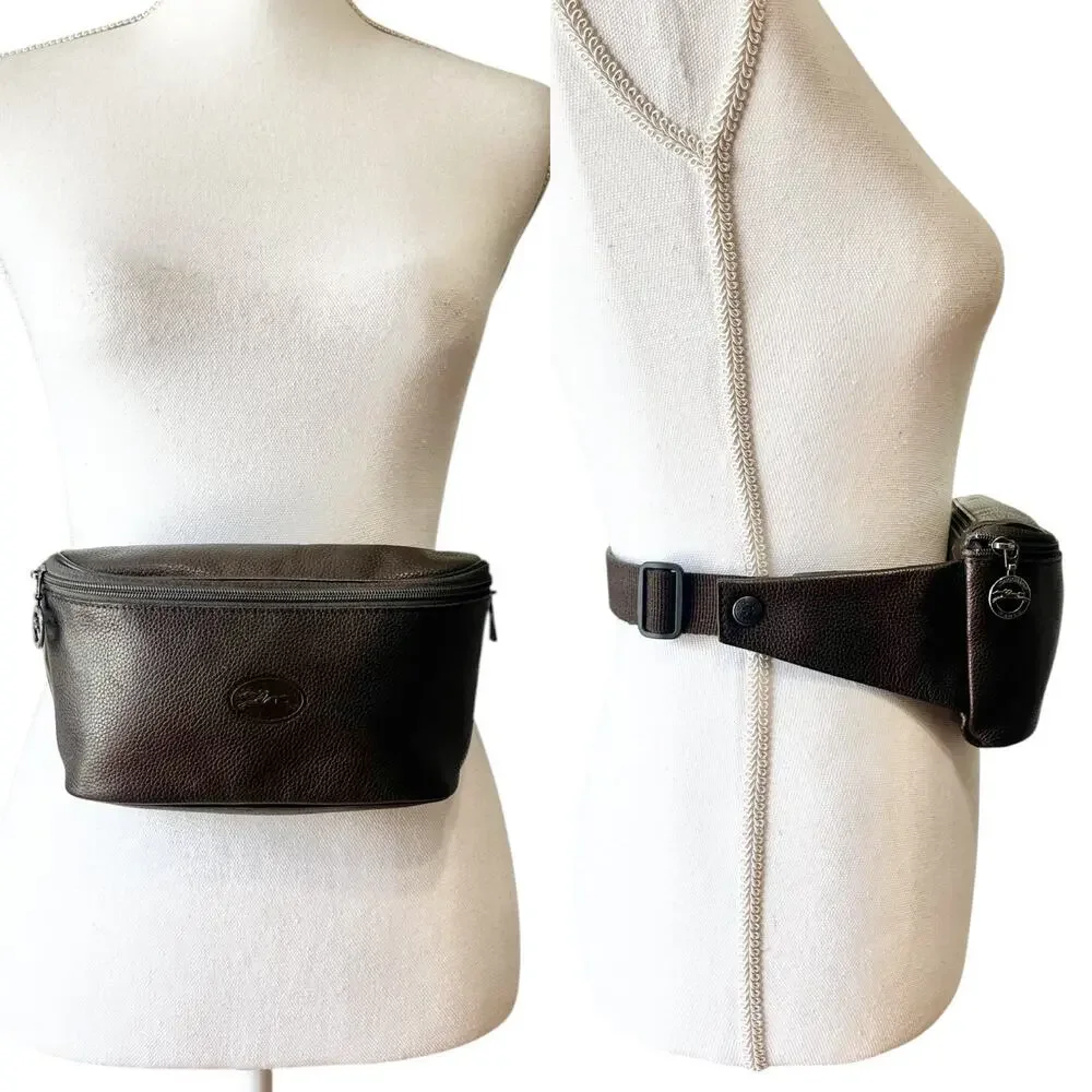 Longchamp Vintage Le Foulonne Pebbled Leather Belt Bag Fanny Pack Y2K Dark Brown